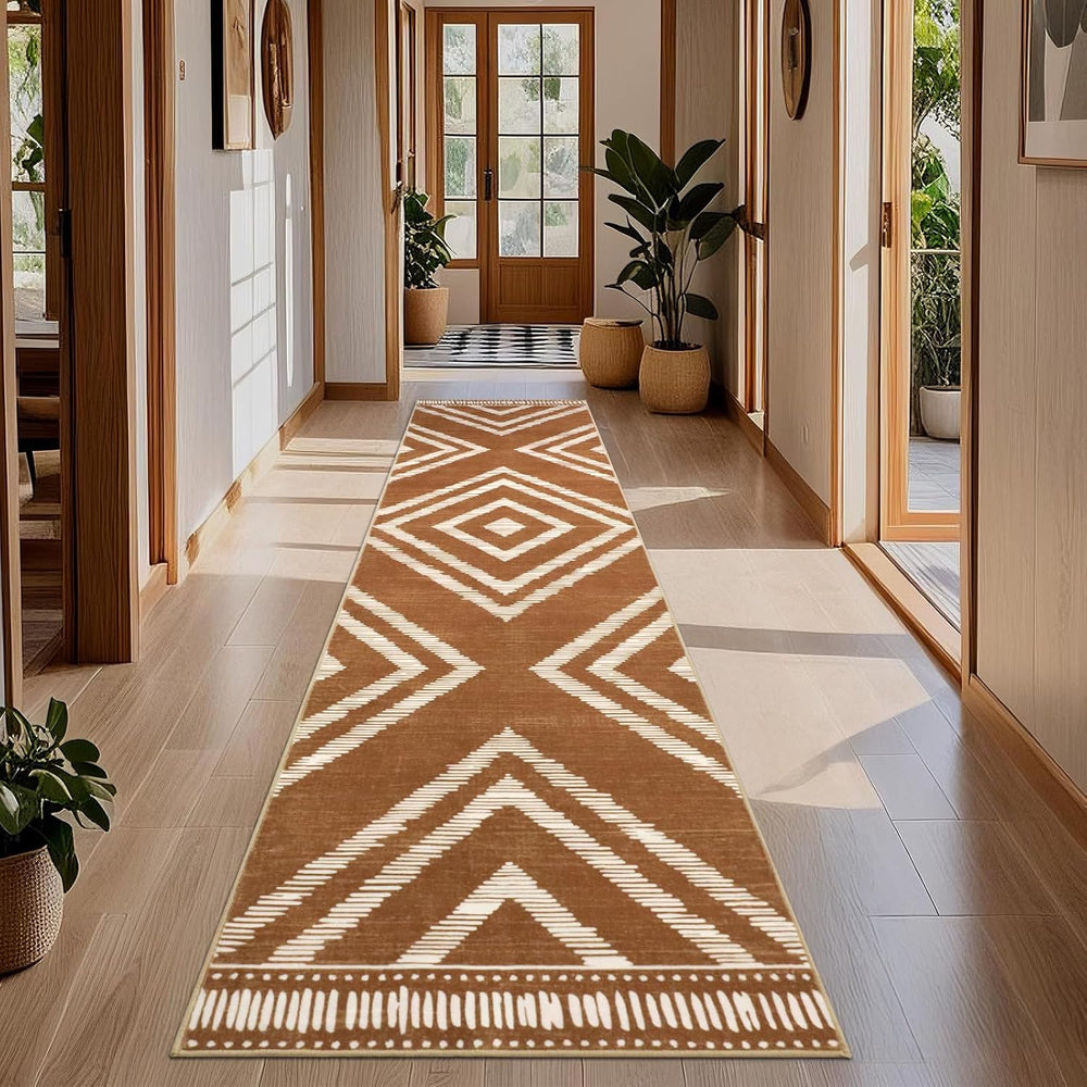 Brown Boho Hallway Runner Rugs 2x10ft Non Slip Washable for Kitchen