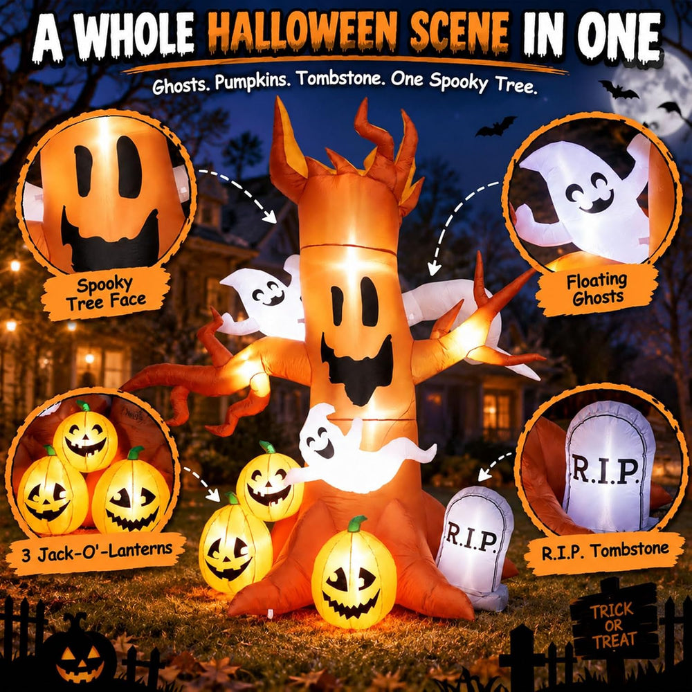 8FT Halloween Inflatable Ghost Tree Decoration with Pumpkins, Tombstone