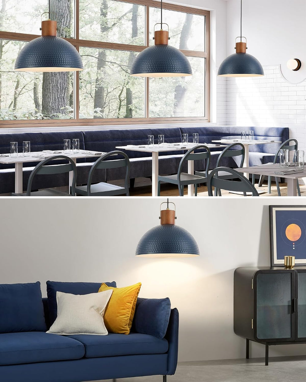 ELYONA 16” Large Ash Wood Pendant Light with Hammered Blue Metal & Brushe...