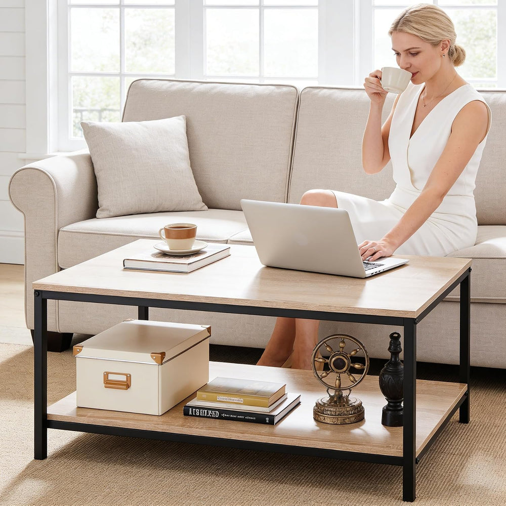 SUPER DEAL 2-Tier Industrial Coffee Table with Storage Shelf for Small Apartm...