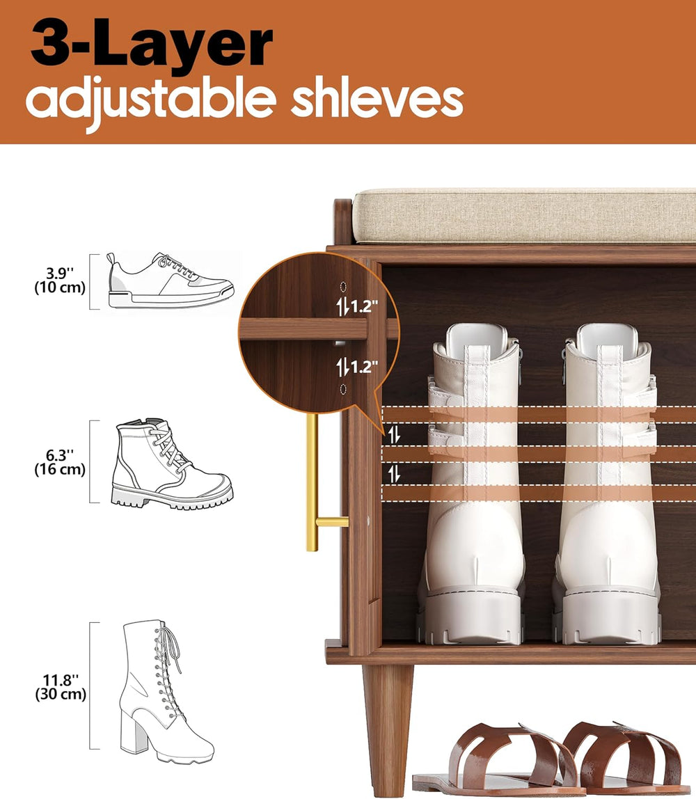 Akxomel 39.4" Rattan Shoe Storage Bench 2 Doors Entryway Bench Walnut