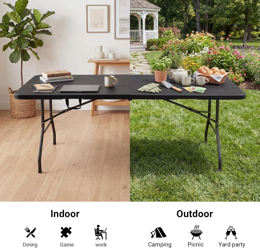 6ft Folding Table, Portable Heavy Duty Plastic Table for Party, Black