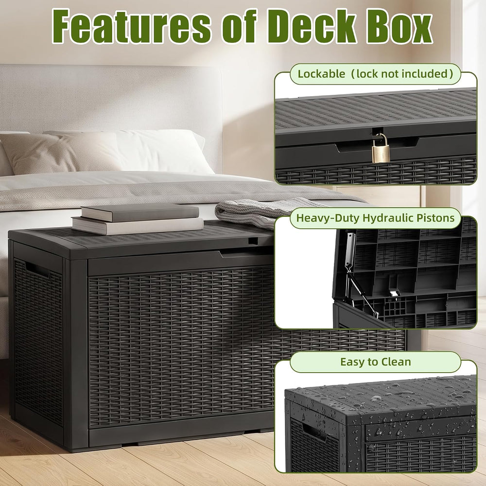 140 Gallon Deck Box, Lockable Waterproof Resin Storage Box, Black