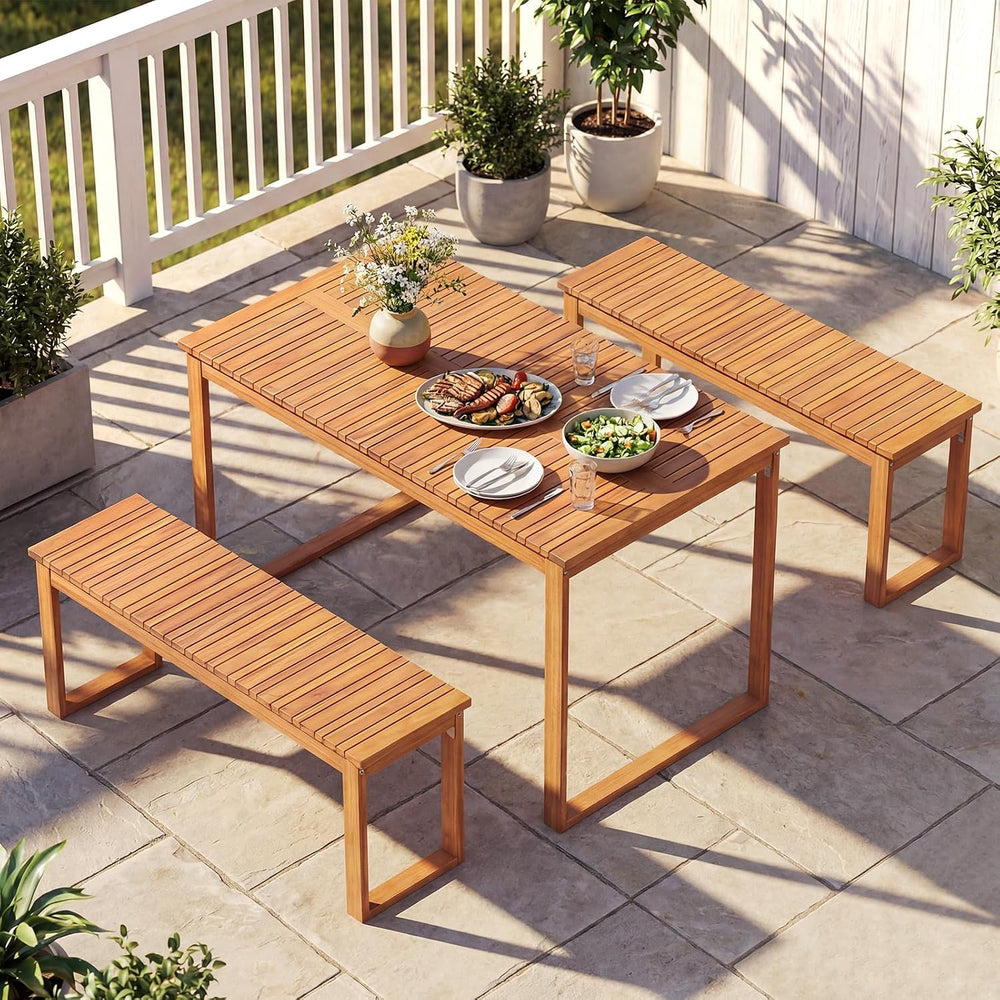 Tangkula 3 Pieces Patio Wooden Dining Set, Acacia Wood Rectangular Picnic Bee...