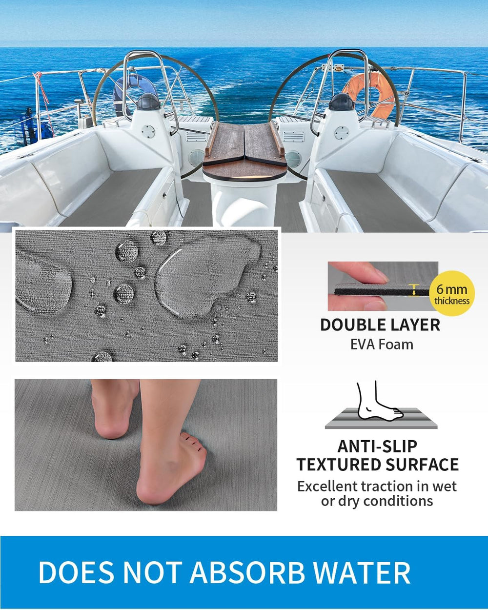 OCEANBROAD Brushed Boat Flooring Self-Adhesive EVA Foam Non-Slip Decking