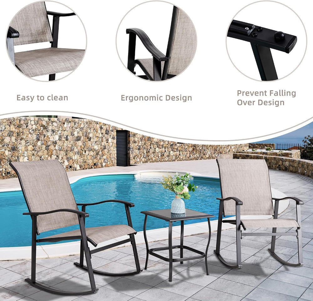 Vongrasig 3 Piece Outdoor Rocking Bistro Set, Textilene Fabric Small Patio Fu...
