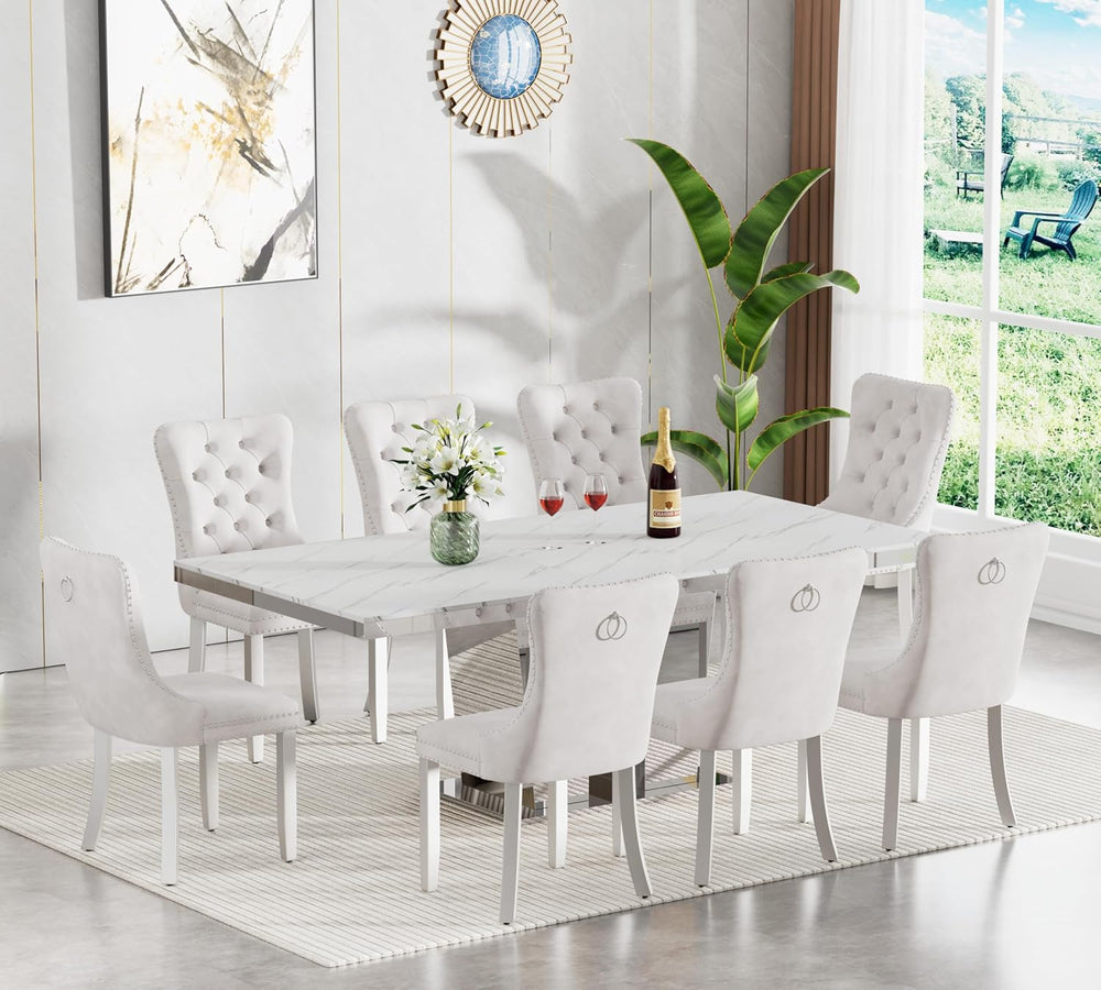 Modern Extendable Dining Table Set for 8, 94" Faux Marble Expandable Tab...