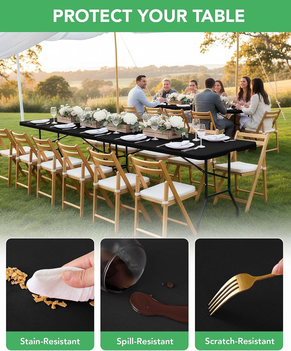 Fitted Tablecloth Rectangle Table Cloths with Elastic, 6 ft, Black, 6 Pack
