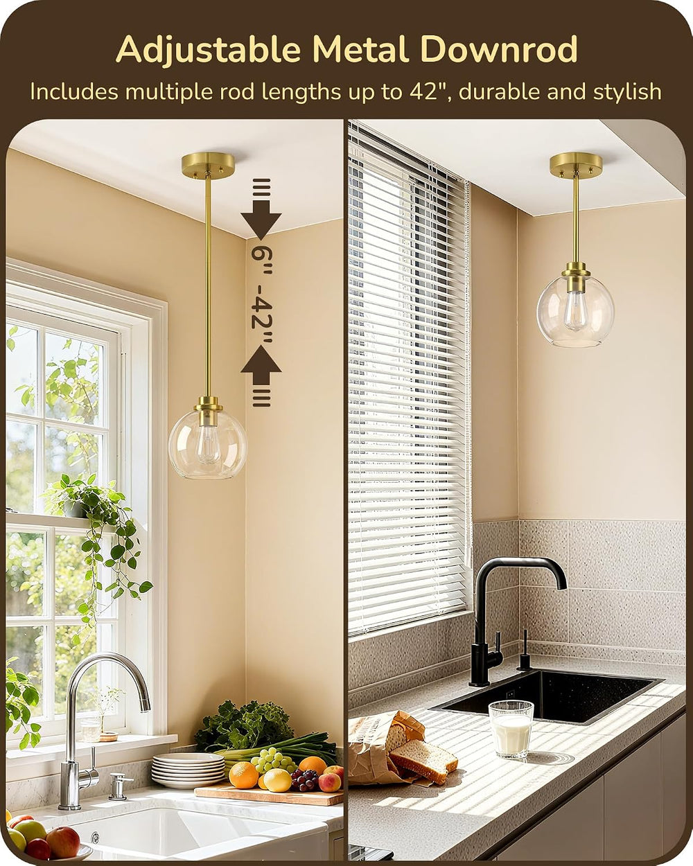 EDISHINE Pendant Light Fixtures 2 Pack with Clear Glass Globe Shade, Gold Kit...