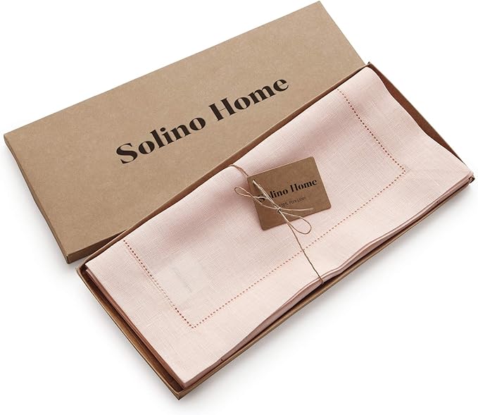 Solino Home Linen Pink Table Runner 120 Inches Long - 100% Pure Linen Hemstit...