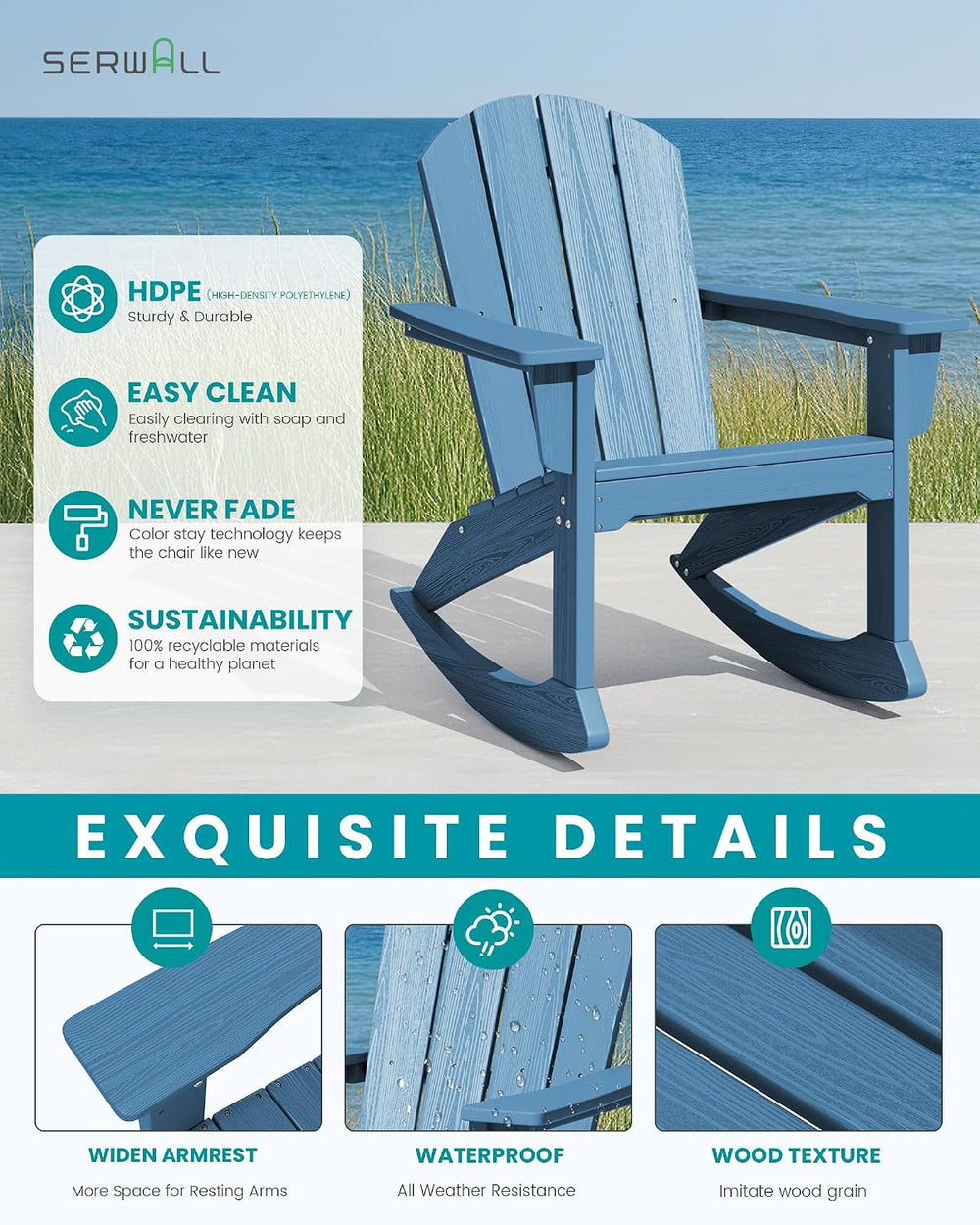 SERWALL Outdoor HDPE Adirondack Rocking Chair, All-Weather, Navy