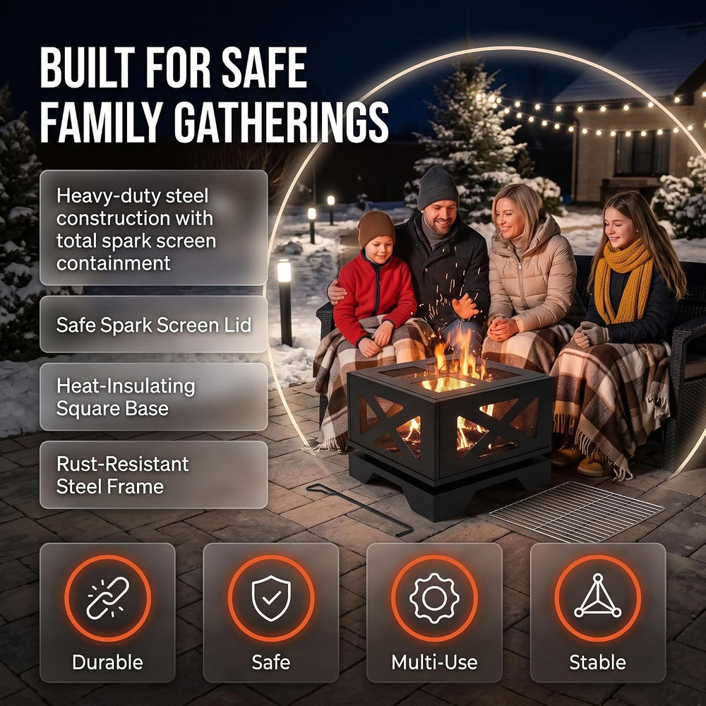 Kingson 20" Square Outdoor Fire Pit with X-Frame Mesh Design, Portable 2...