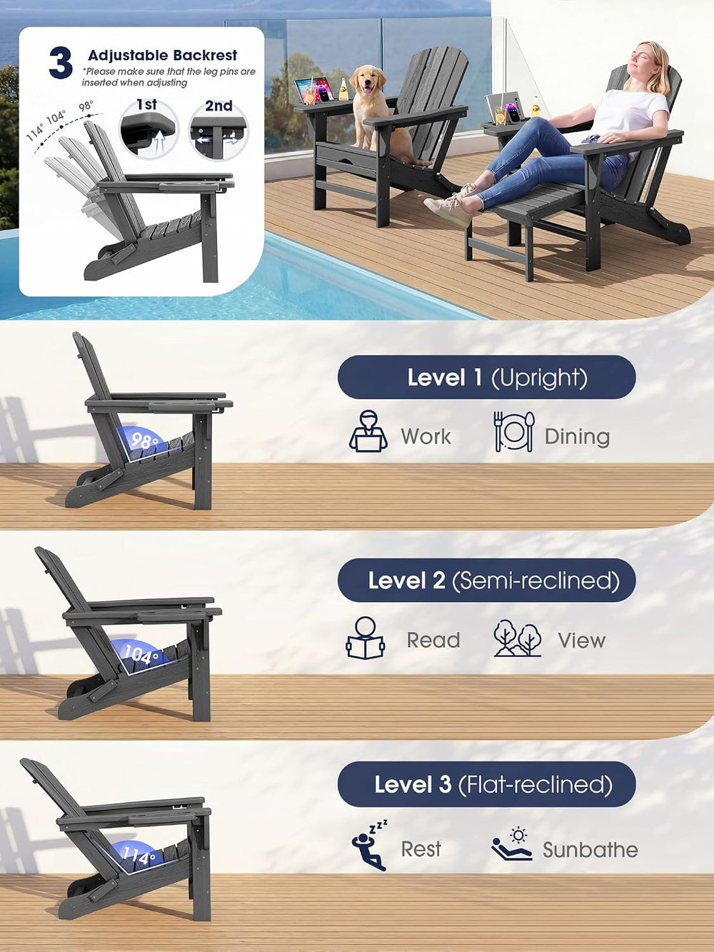KINGYES Folding Adjustable Adirondack Chair with Ottoman & 2 Cup Holders ...