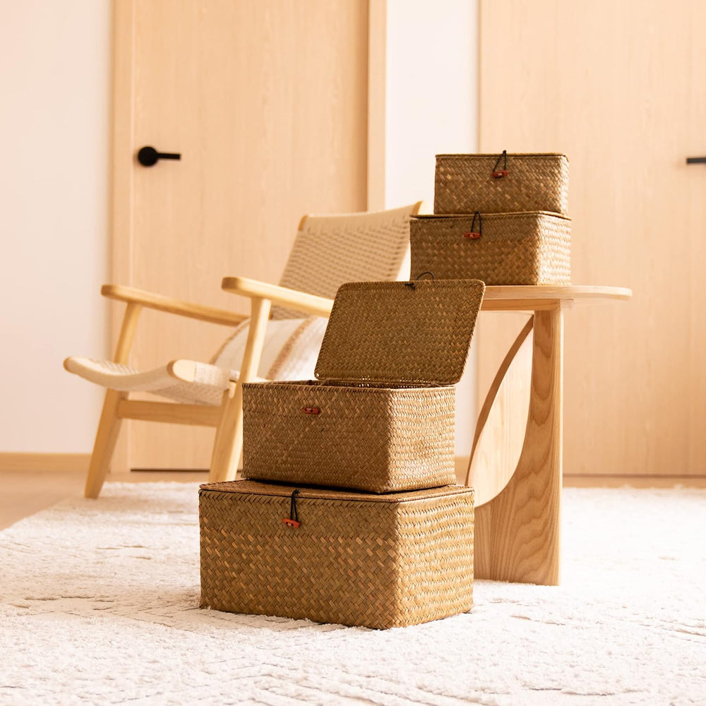4 Pack, Wicker Baskets with Lids, Natural Seagrass Storage Baskets, Woven Rec...