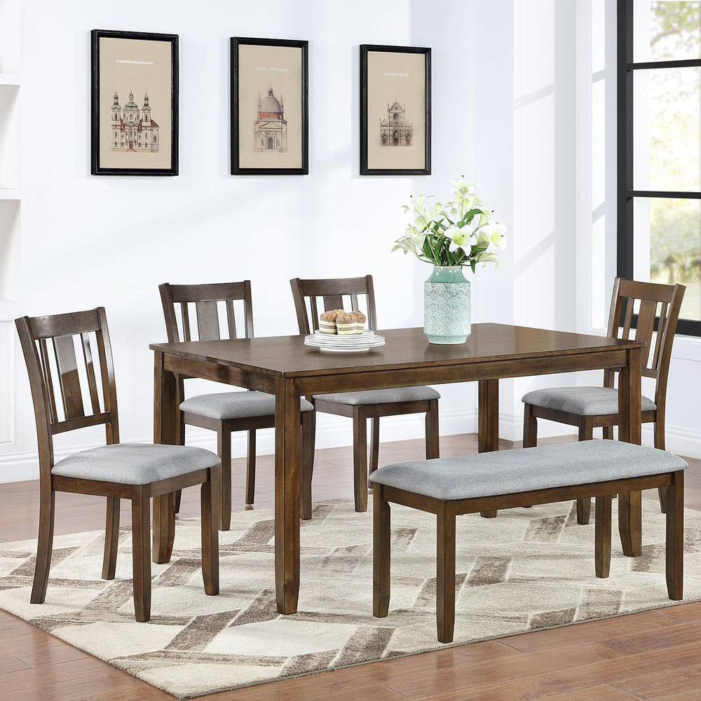 Merax 6 Piece Kitchen Dining Set, Rectangular Wooden Dining Table with 4 Upho...