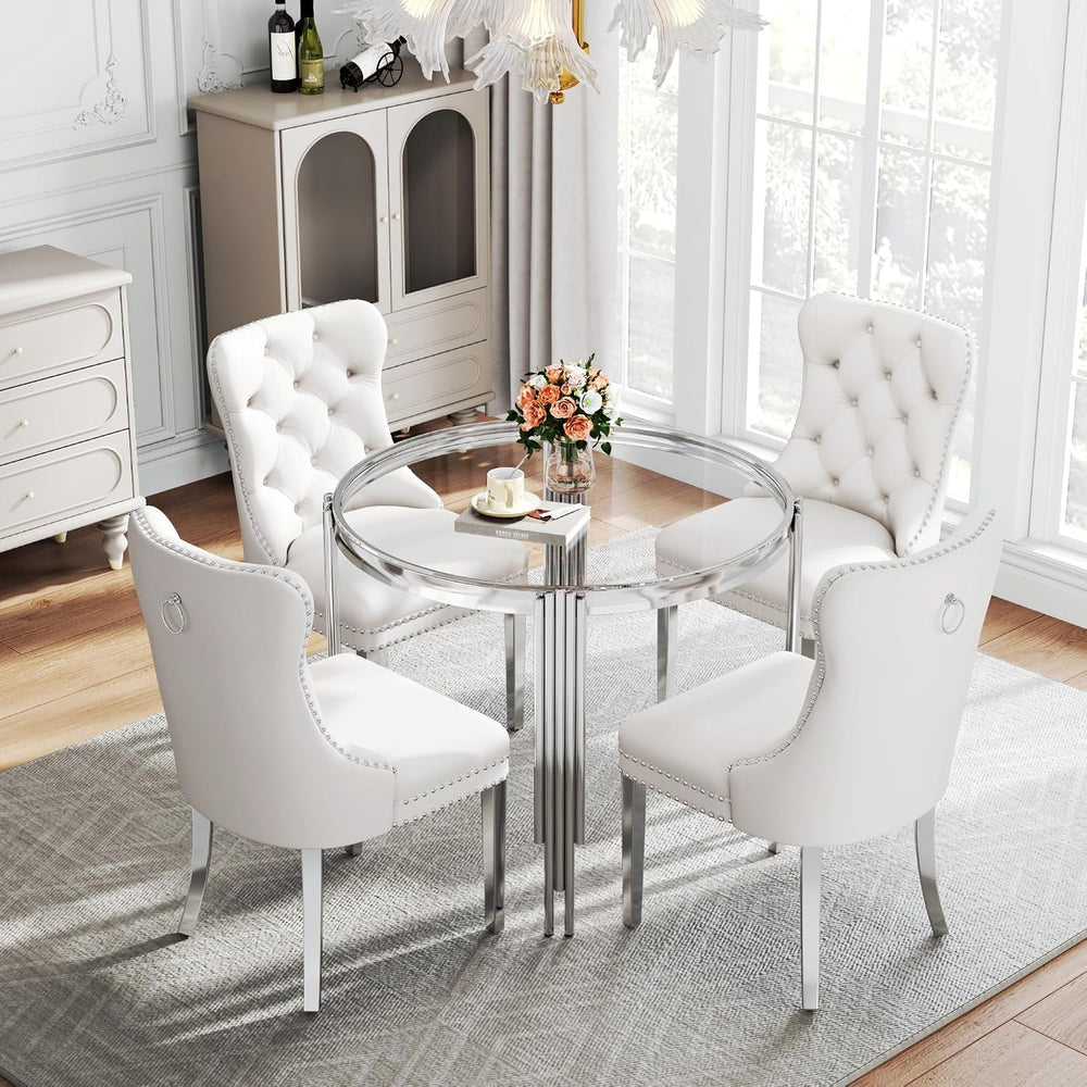 Luxury Round Glass Silver Dining Table Set for 4, 5-Piece Modern Kitchen Tabl...