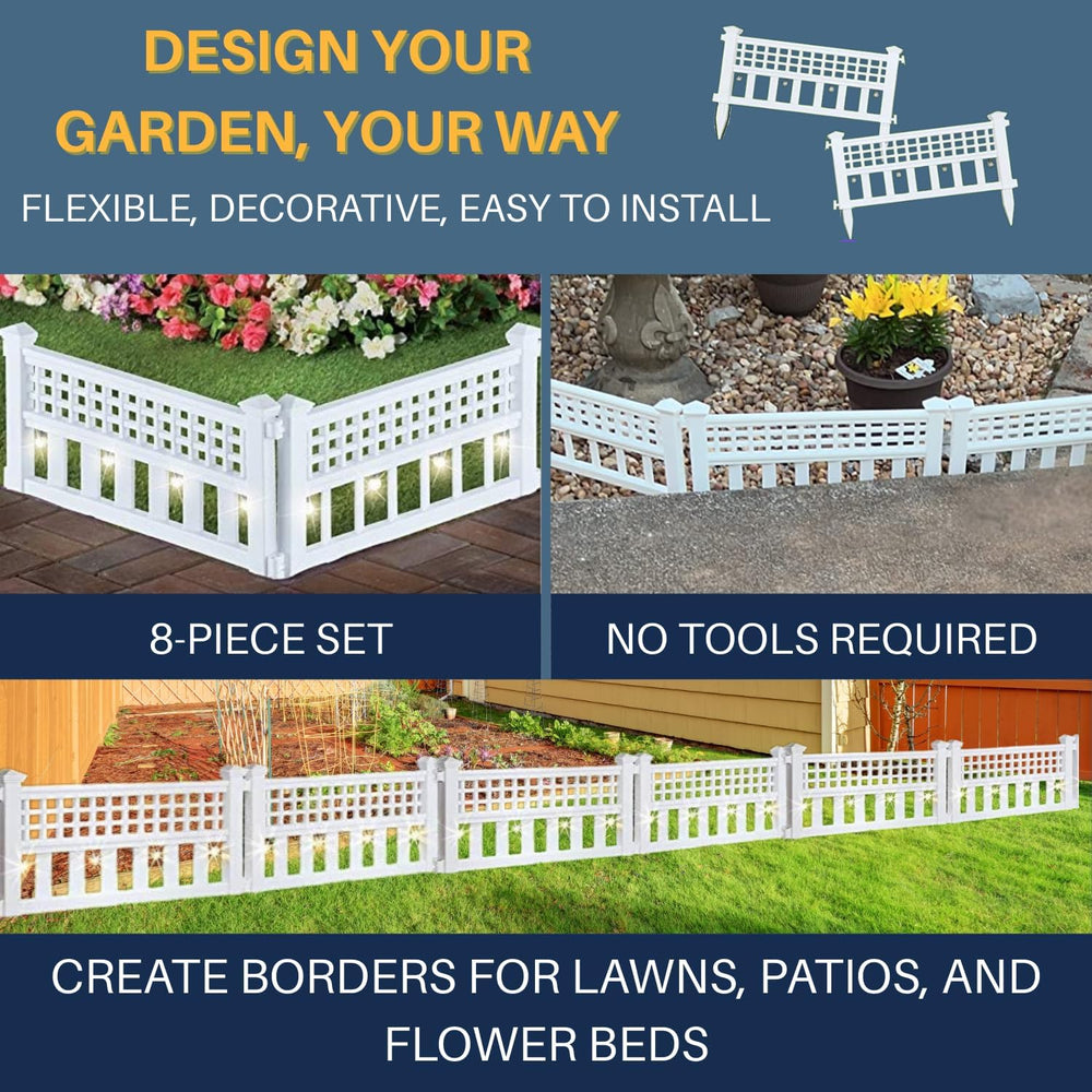 SkyMall 8-Piece Solar Garden Border Fence with Corner Posts, White Decorative...