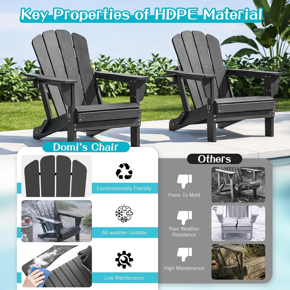 Domi Folding Adirondack Chair, HDPE All-Weather Adirondack Chairs with Cup Ho...