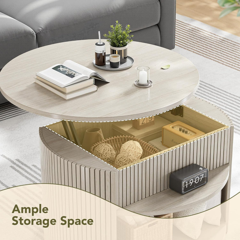 Round Lift Top Coffee Table with Storage, Fluted Mid-Century Modern Coffee Ta...