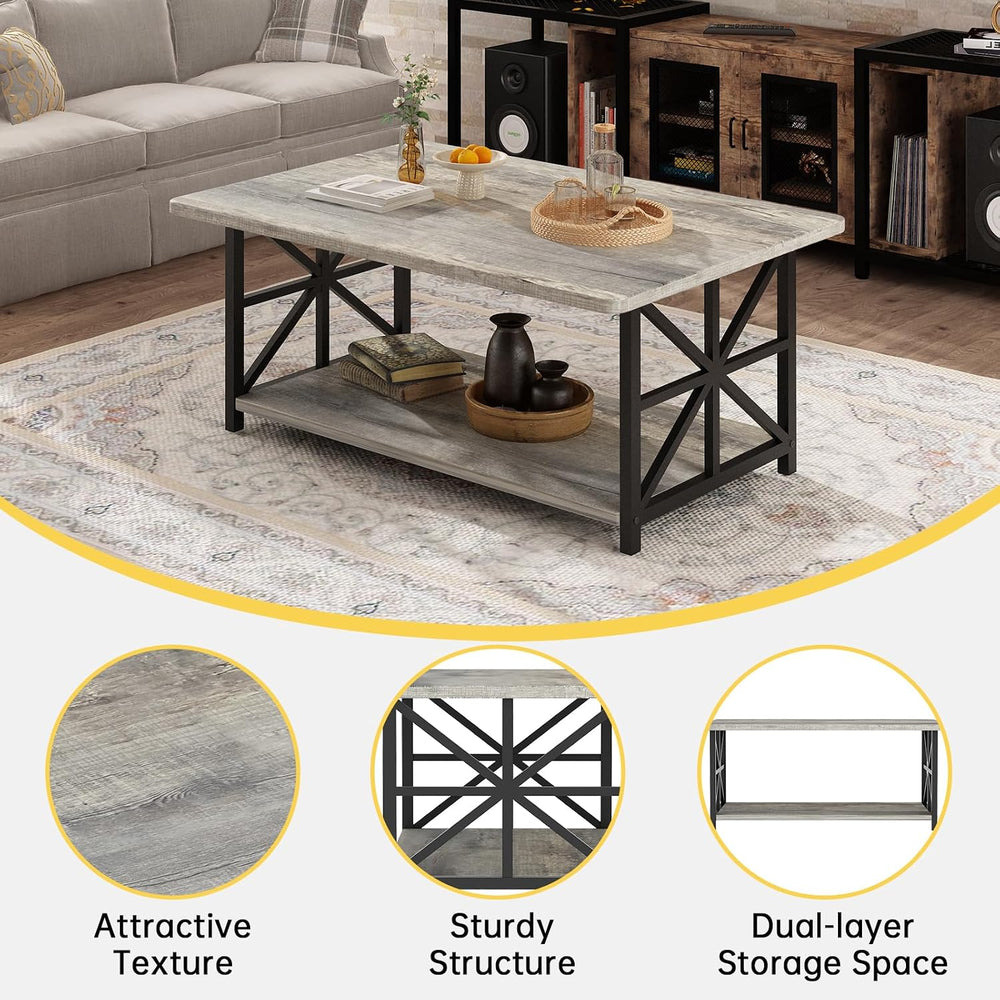 AWQM Gray Coffee Table for Living Room with Round Corners, 2 Tier Living Room...
