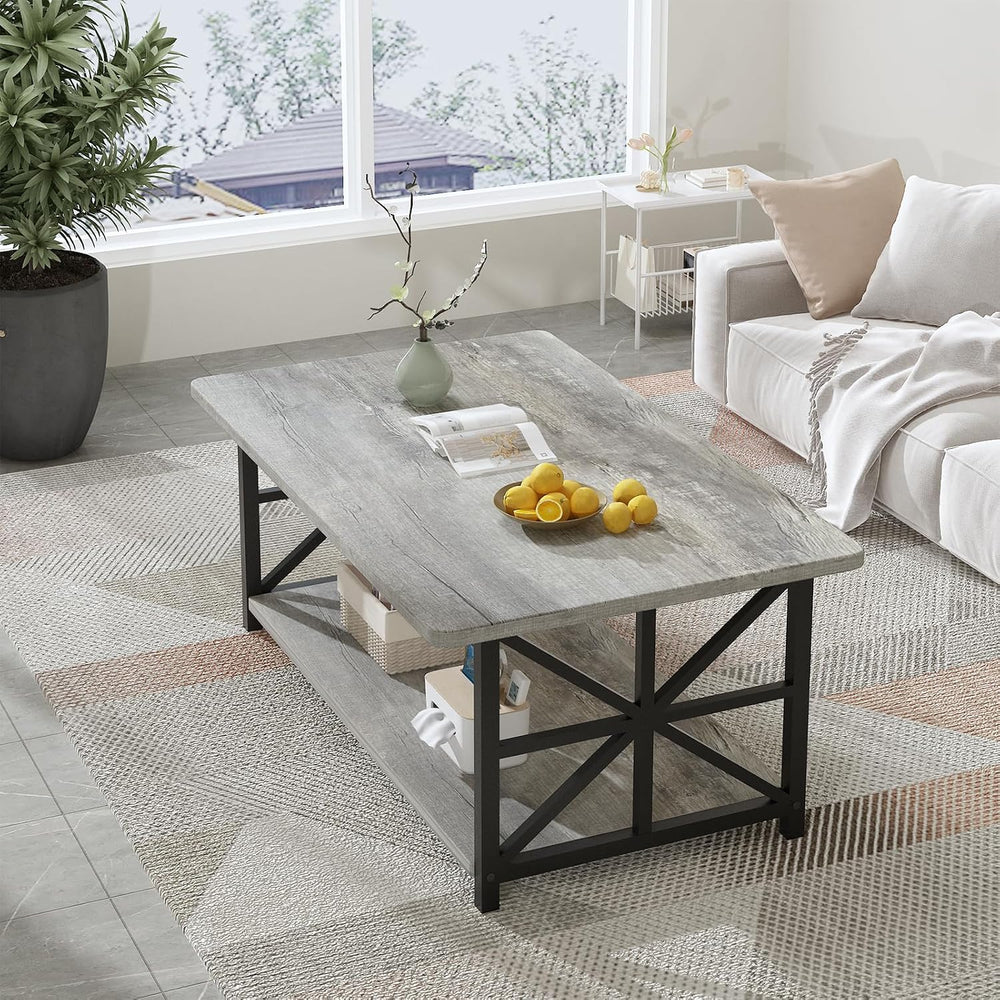AWQM Gray Coffee Table for Living Room with Round Corners, 2 Tier Living Room...