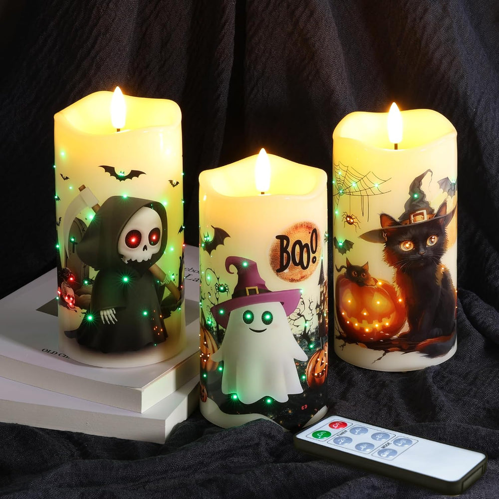 Eywamage Fiber Optic Halloween Flameless Pillar Candles with Remote 3 Pack