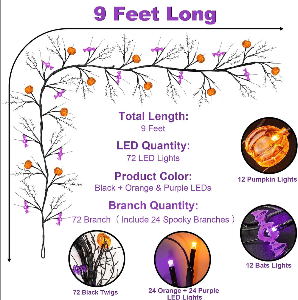 9 FT 72 LED Willow Vine Twig Decor Black Halloween Garland with Pumpkin &...