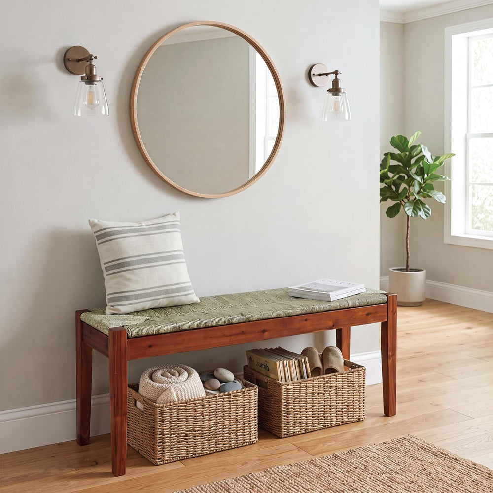 46-Inch Acacia Wood Bench with Natural Seagrass Woven Seat, Indoor Bench
