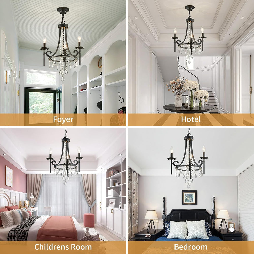 Small Crystal Chandelier, 3-Lights Modern Black Chandeliers for Dinning Room,...