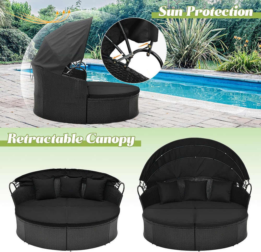 Tangkula Outdoor Patio Round Daybed with Retractable Canopy, Black Rattan Wic...