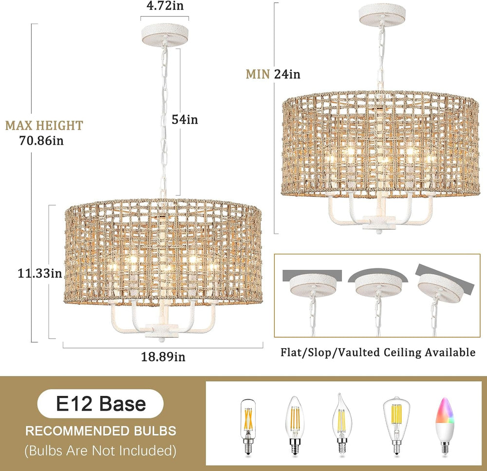 Rattan Chandelier 5-Light Farmhouse Boho Pendant Light Fixture for Dining Roo...