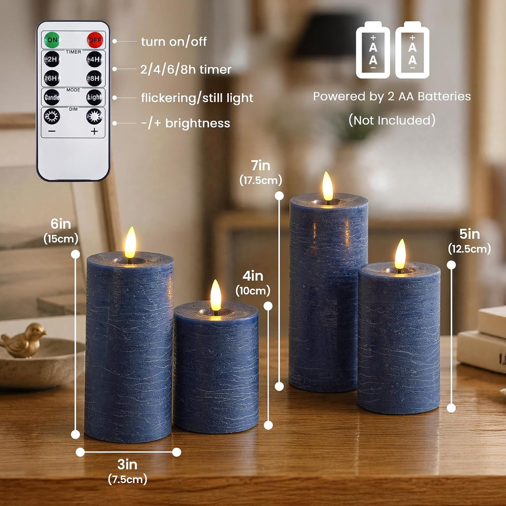 Set of 4 Navy Blue Real Wax Flameless Candles with Remote, Long Lasting Batte...