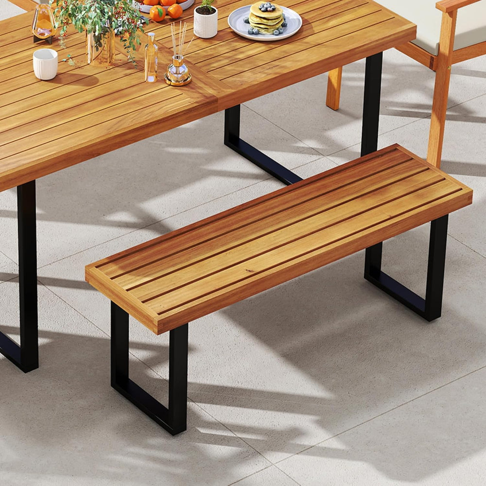 Tangkula Acacia Wood Outdoor Bench, 48" Long Patio Dining Bench w/Metal ...
