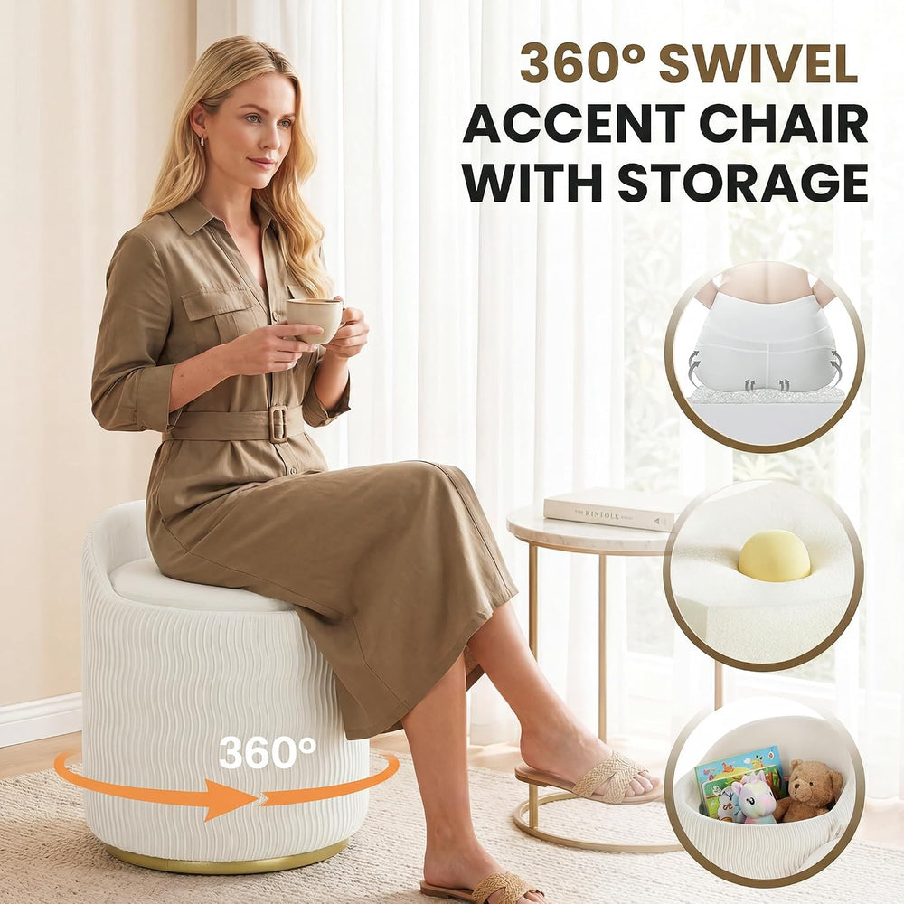 MALOL Vanity Chair with Storage, 360° Swivel Velvet Vanity Stool, Beige