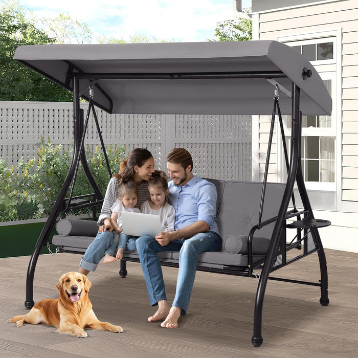 Porch Swings with Adjustable Canopy, 3 Seat Outdoor Swing Bed, Gray