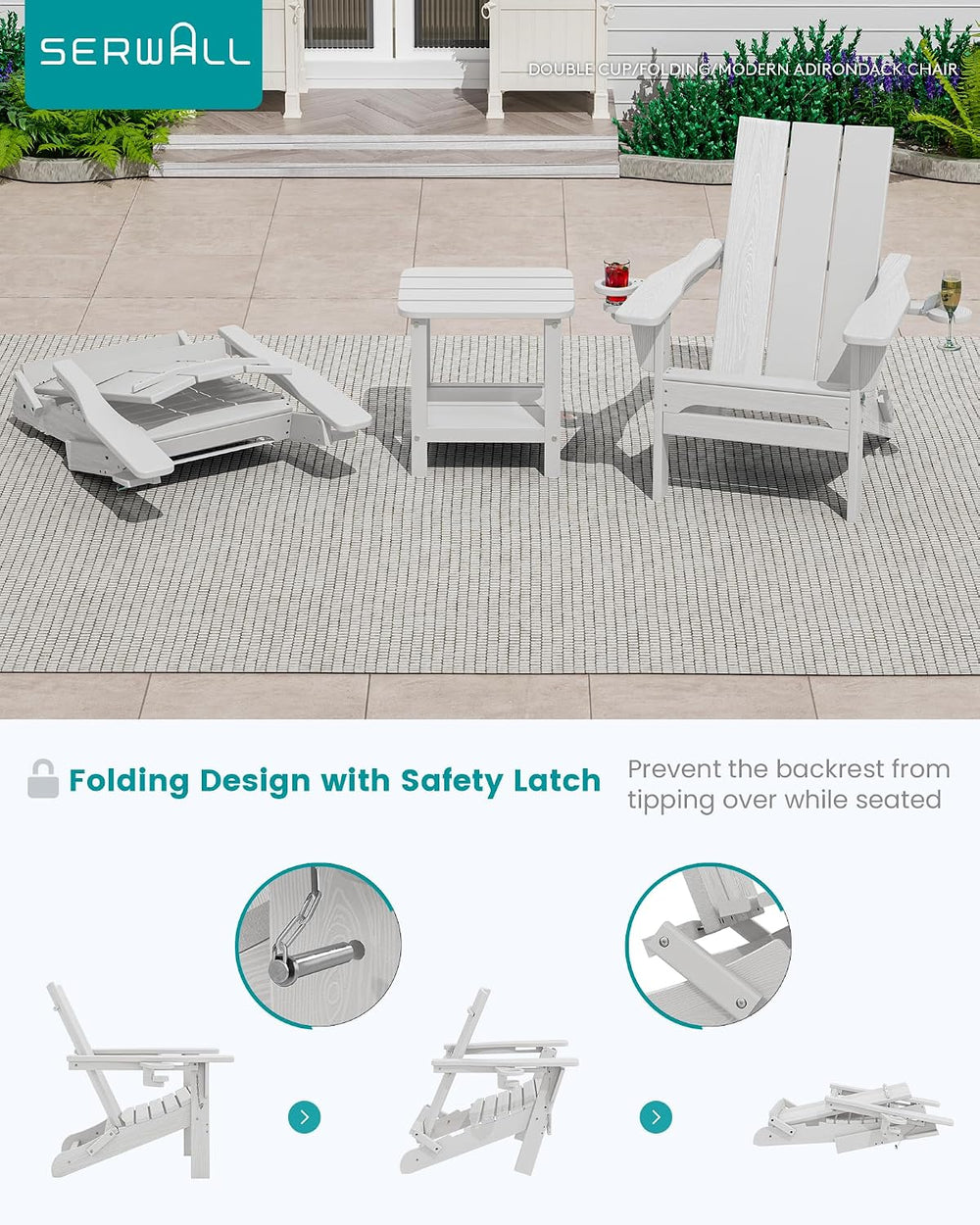 SERWALL HDPE Modern Folding Adirondack Chair with Dual Cup Holder, White