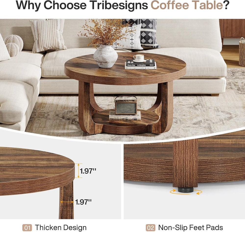 Tribesigns Round Coffee Table, 2-Tier Circle Coffee Table with Storage, Moder...