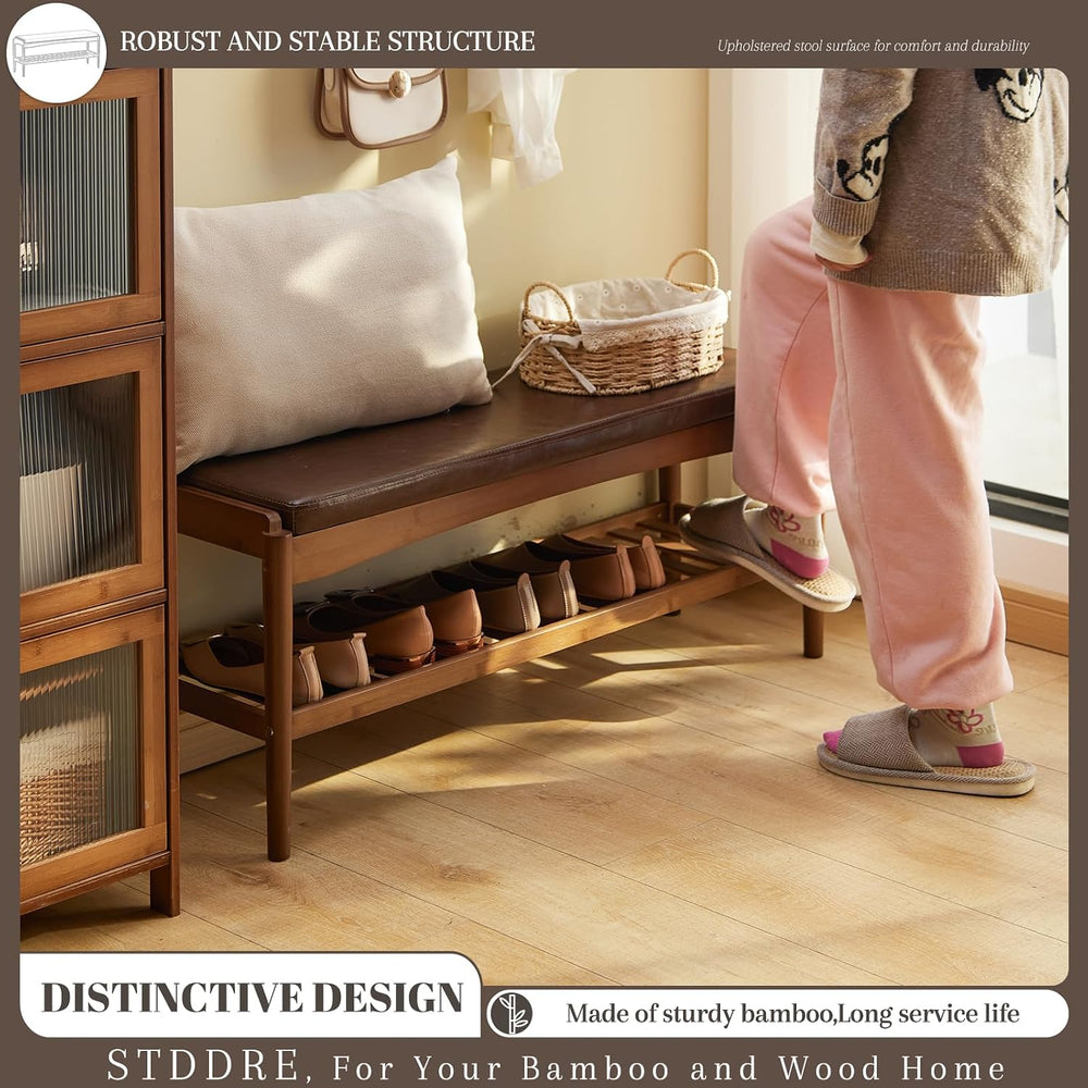 STDDRE Shoe Rack Bench Entryway Bamboo Shoe Storage Bench with Leather Cushio...
