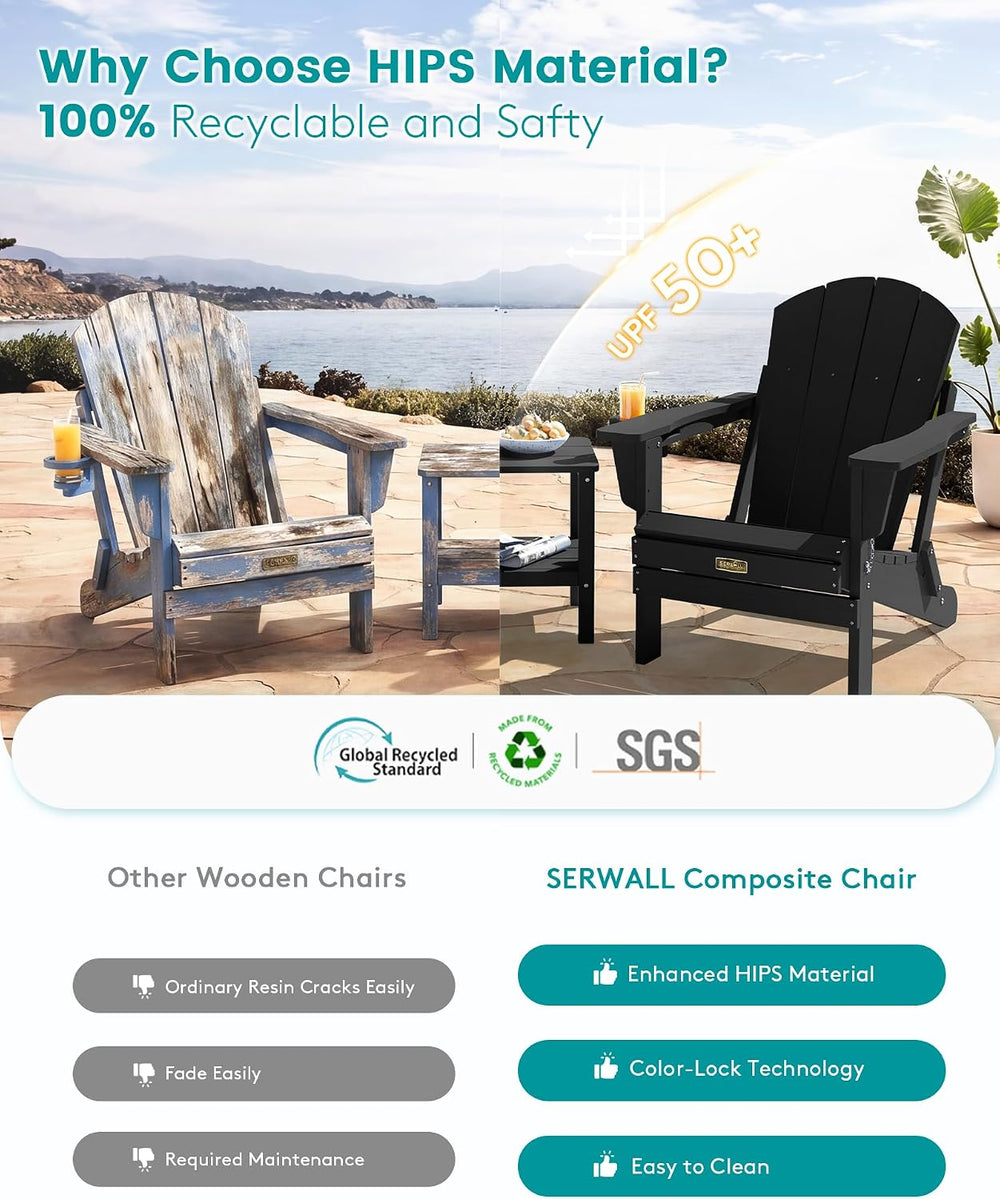 SERWALL Folding Adirondack Chair Set of 4, Fire Pit with Cup Holder -Black