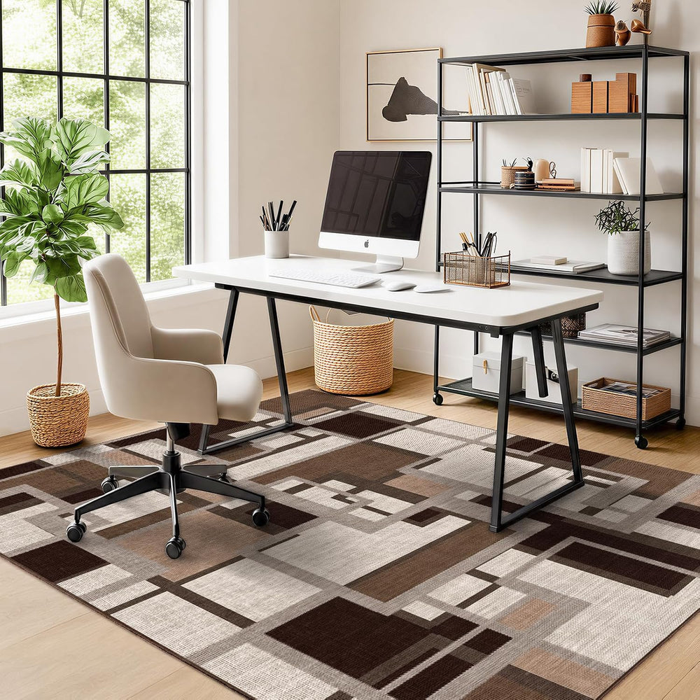 Modern Geometric Area Rug for Living Room, Coffee Brown Washable Rugs 5x7