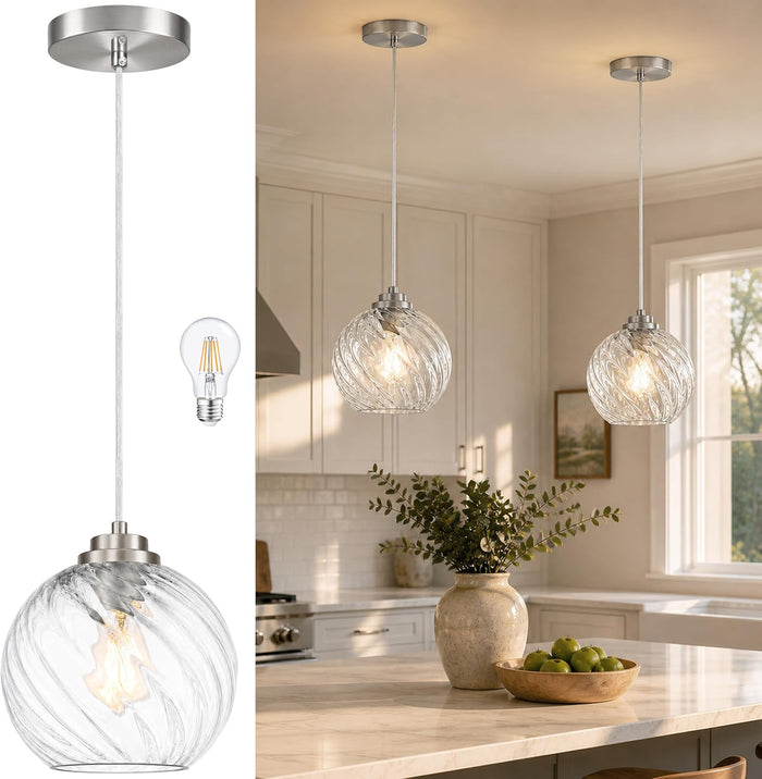 KoKo&Yukina 8" Nickel Globe Pendant Light Ribbed Glass Pendant Lights Kitchen Island Height Adjustable Mid-Century Modern Island Pendant Lights for Dining Room Hallway Entryway Foyer (Bulb Included)