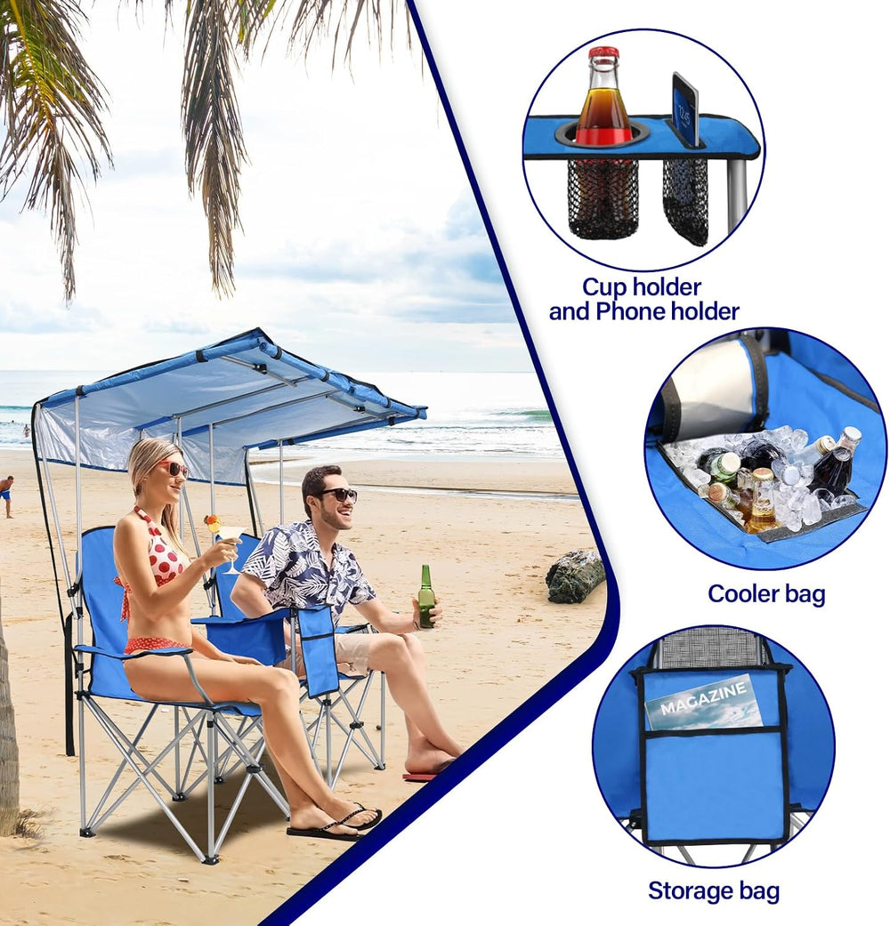 ptlsy Folding Double Camping Chair with Canopy Shade for Beach Lawn (Blue)