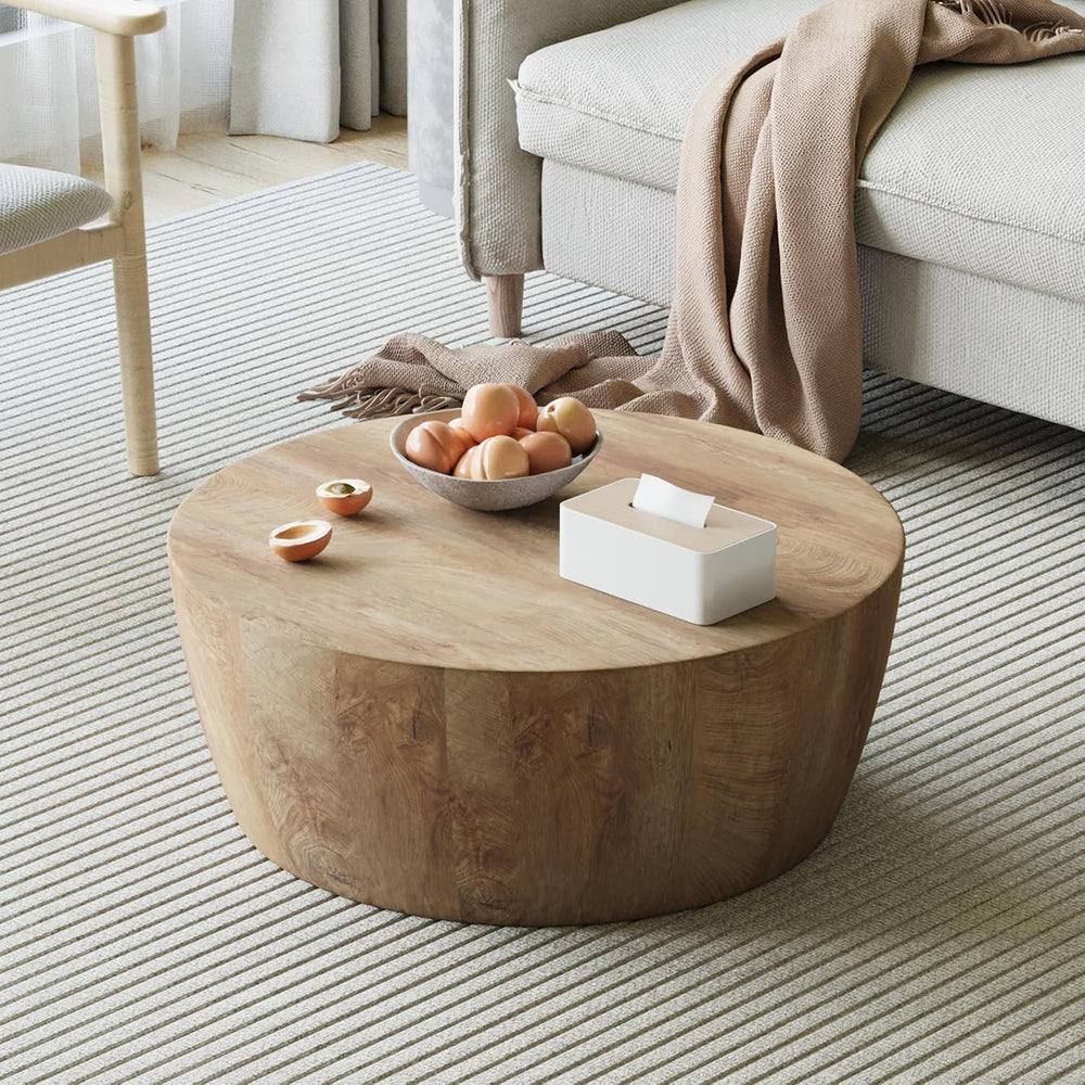 Drum Coffee Table, Modern Industrial Wooden 29.53" W x 11.81" H Rou...