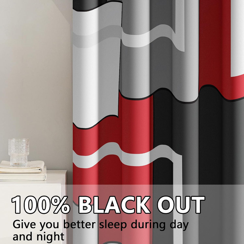 Modern Black Red Curtains, Geometric Blackout Window Panels, 52 x 84 Inch