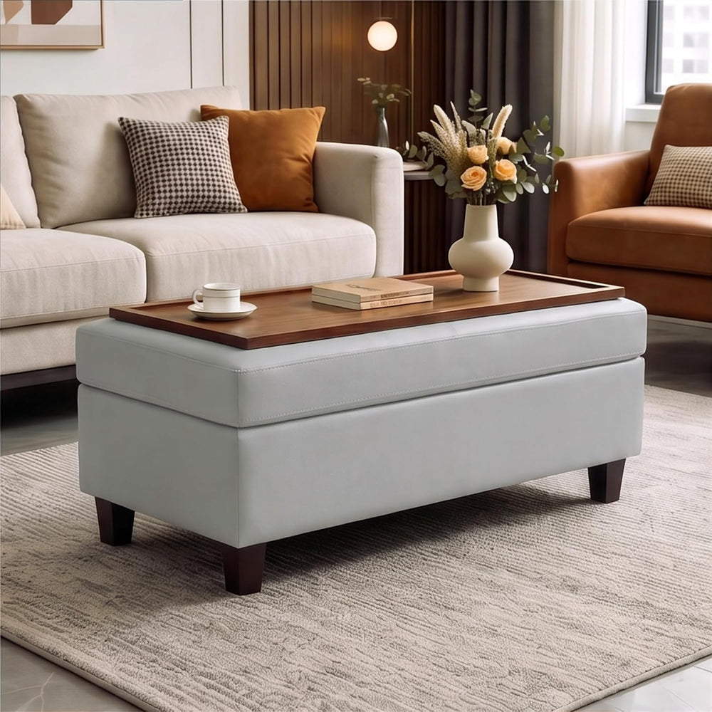GENTEACO 45" Ottoman Coffee Table with Storage, Reversible Wooden Tray T...
