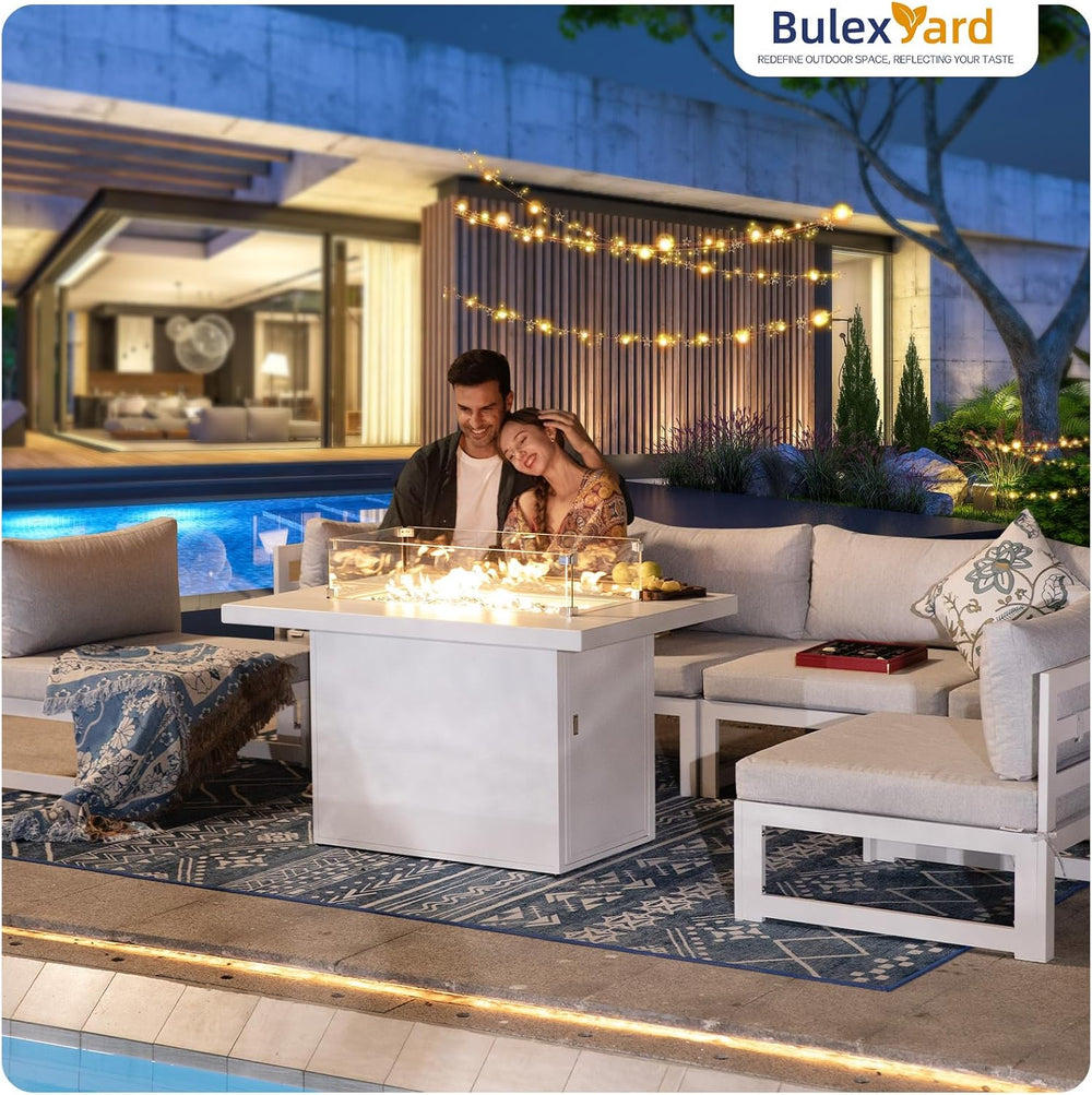 BULEXYARD 7 Piece Aluminum Patio Furniture Set with Fire Pit Table, White