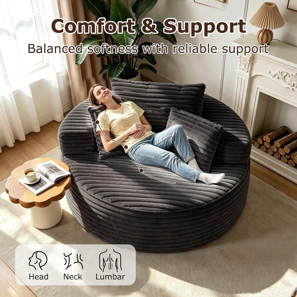 Oversized Round Chaise Longue Chair Indoor, Modern 55-inch Upholstered Cordur...