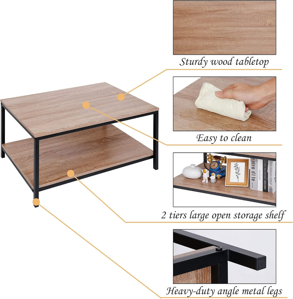 SUPER DEAL 2-Tier Industrial Coffee Table with Storage Shelf for Small Apartm...