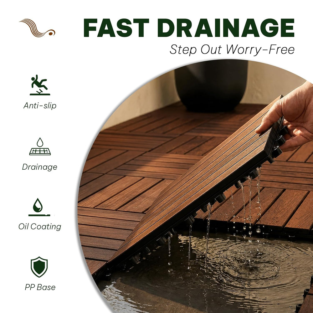 Acacia Interlocking Deck Tiles, 9 PCS Wood Flooring, 6 Slats, Walnut