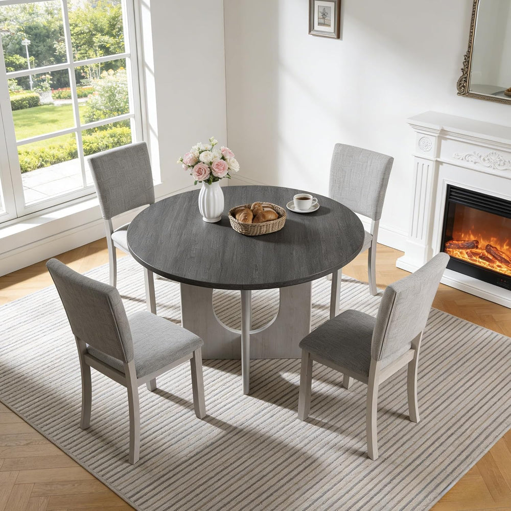 leovanni Round Dining Table Set for 4, Kitchen Table with 4 Upholstered Chair...